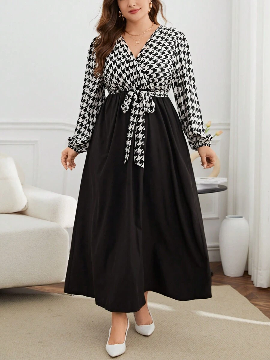 SHEIN Privé Robe Ceinturée Style Portefeuille Pied-de-poule De Grande Taille