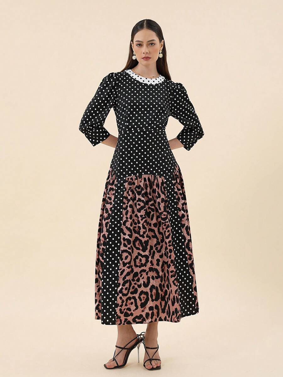 SHEIN Privé Polka Dot & Leopard Print Dress