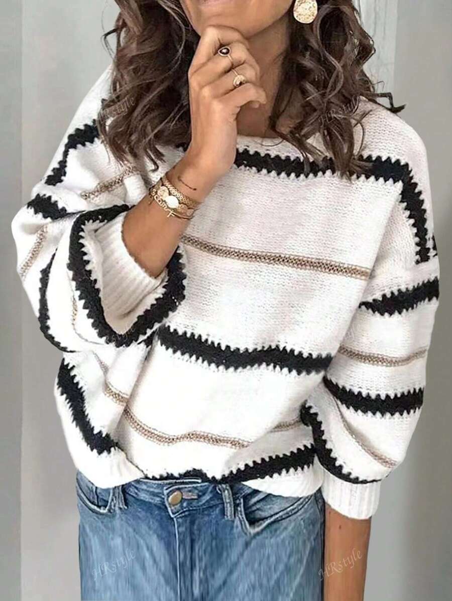 Women's Casual Striped Pattern Drop-Shoulder Loose Pullover Long-Sleeve Sweater Tops White