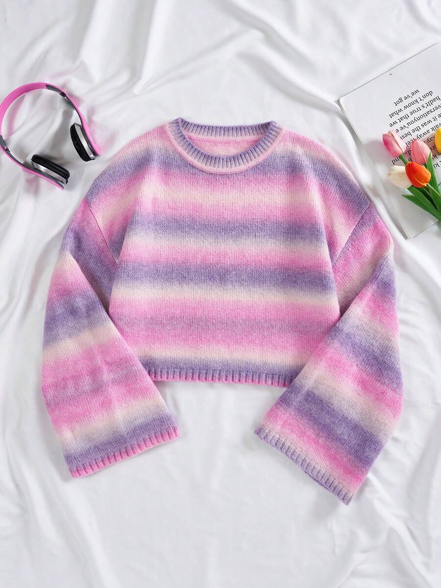 SHEIN EZwear Women's Long Sleeve Round Neck Ombre Sweater