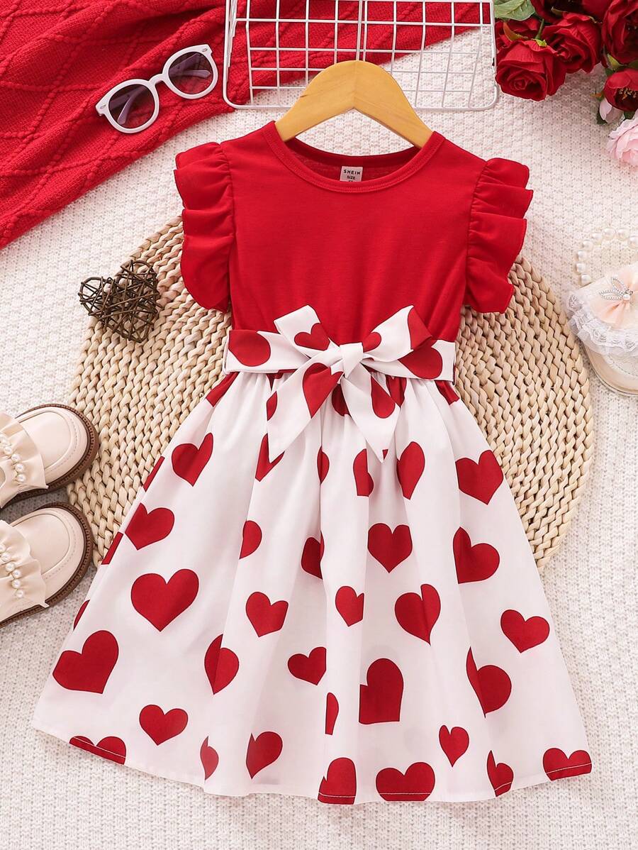 SHEIN Vestido Con Cinturón Con Manga De Encaje En Patrón De Corazones