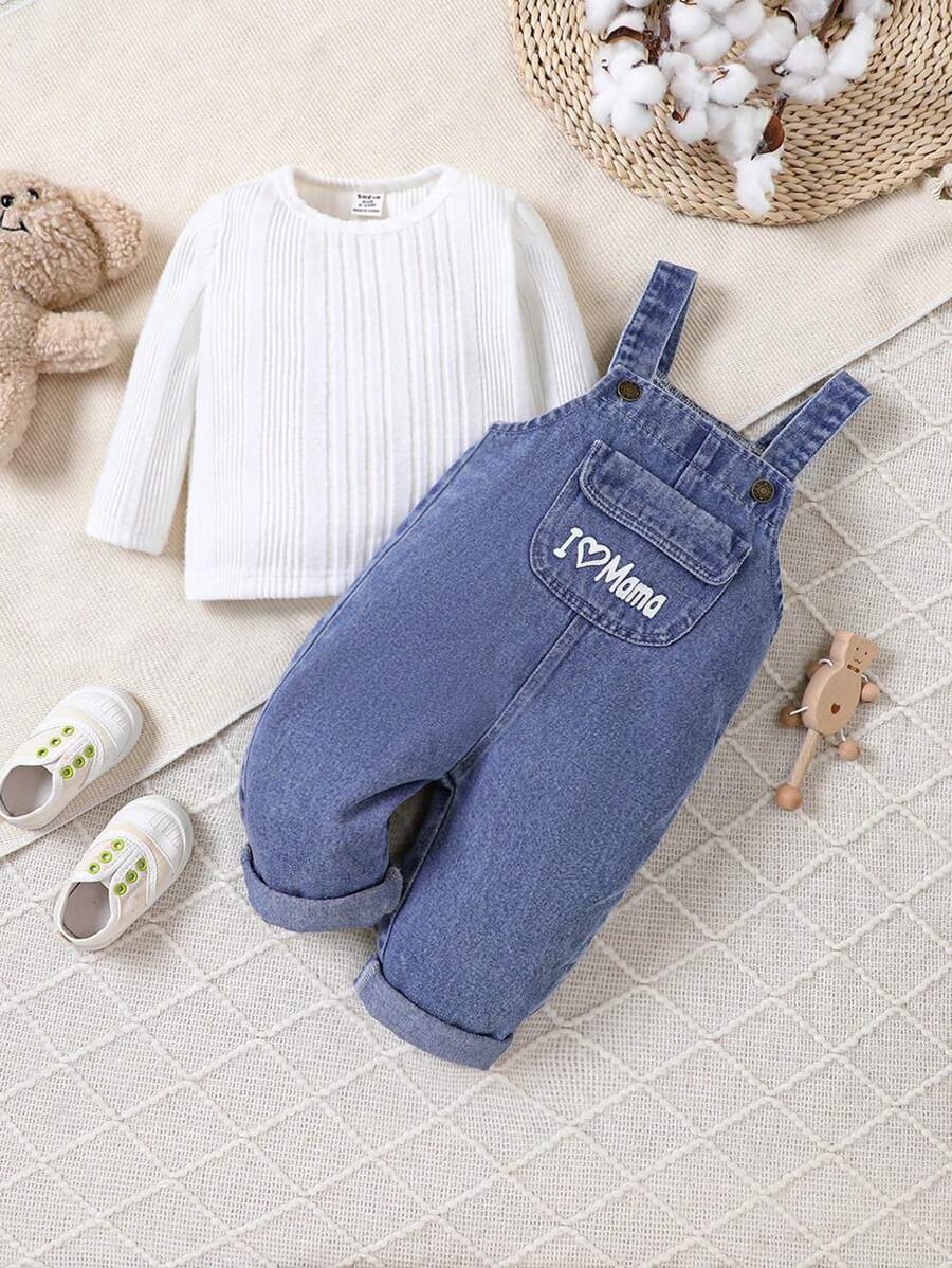 Ensemble T-shirt Côtelé Et Salopette En Jean Pour Bébés Garçons