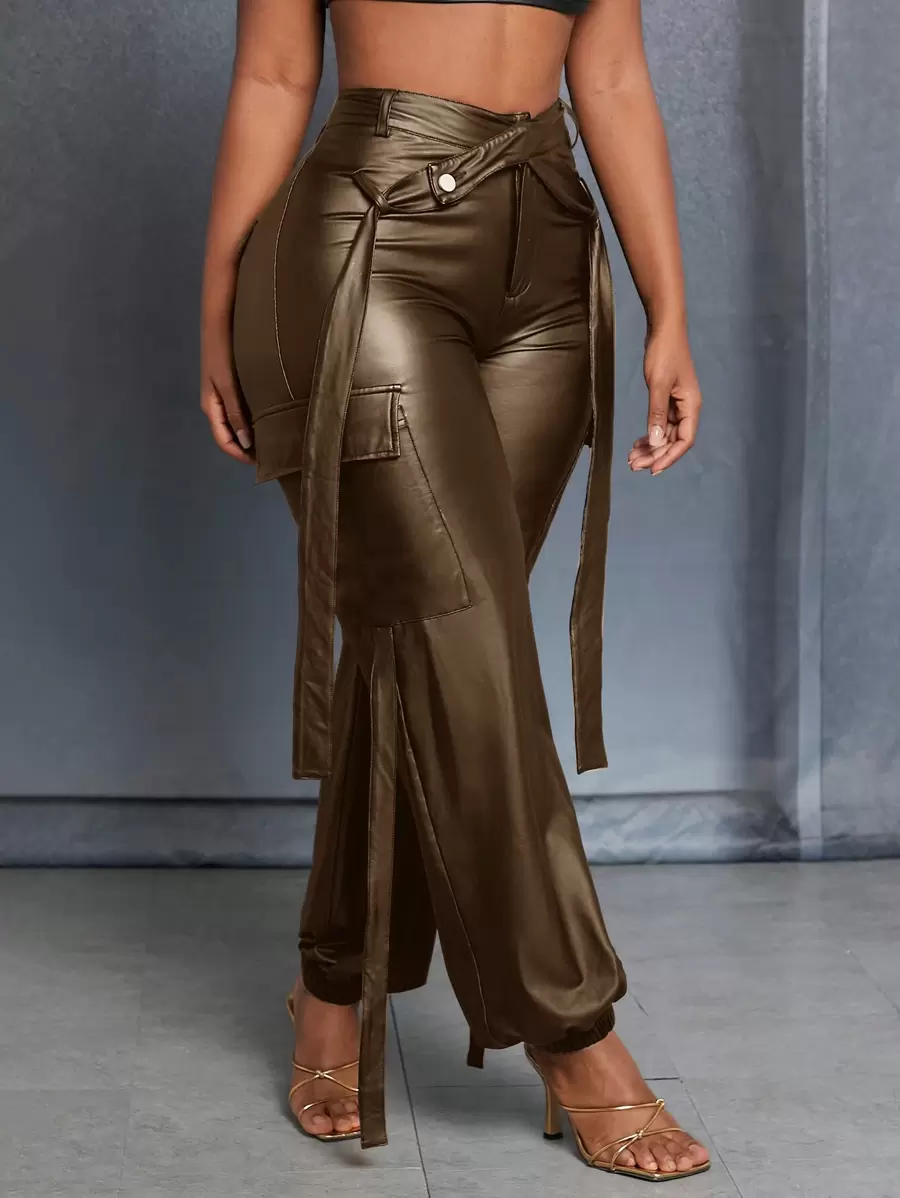 Slaydiva Slayr Street Casual Women's Workwear Pocket Champagne PU Leather Women's Leggings Trousers