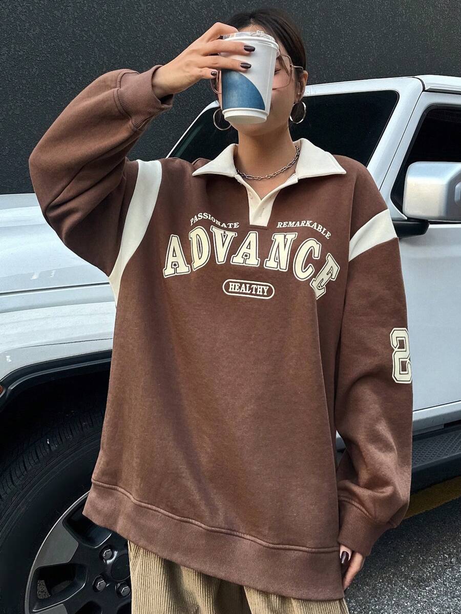Dazy Star Letter Graphic Contrast Collar Drop Shoulder Sweatshirt