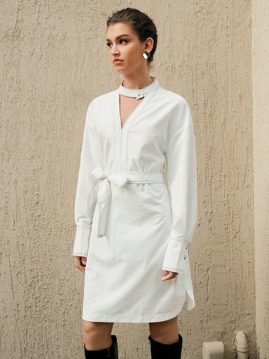 Anewsta Keyhole Neckline Drop Shoulder Belted Dress