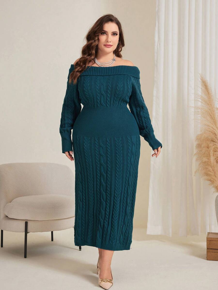 Modelyn Women's Plus Size Off Shoulder Cable Knit Sweater Dress