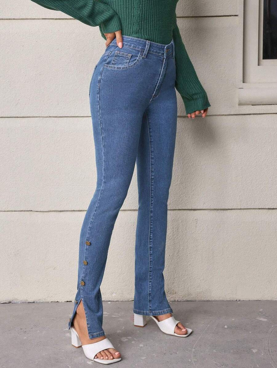 SHEIN LUNE Women's Tight-fitting Jeans With Split Hem