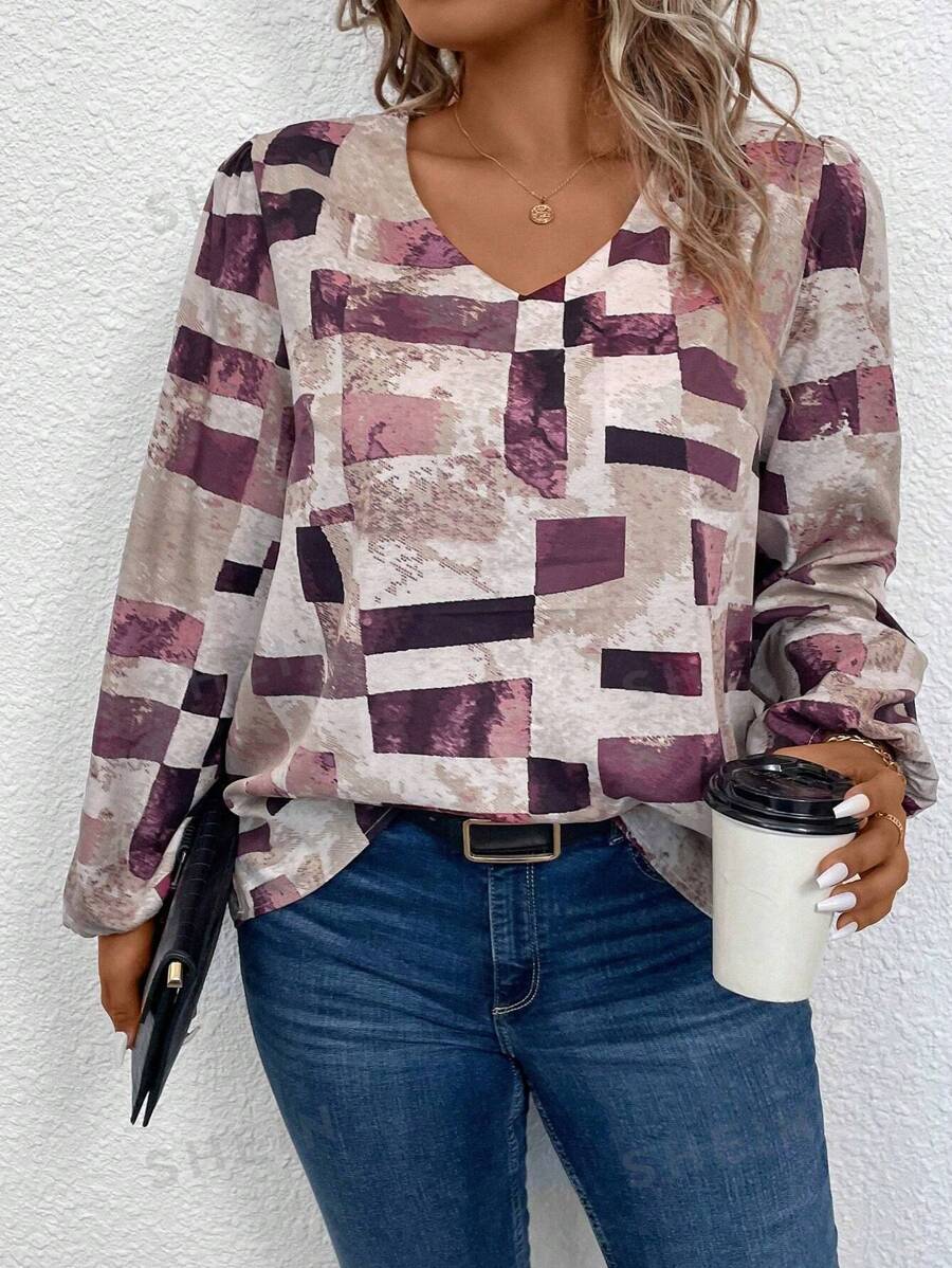 Calvaya Talla grande Blusa con estampado de retazo de manga farol