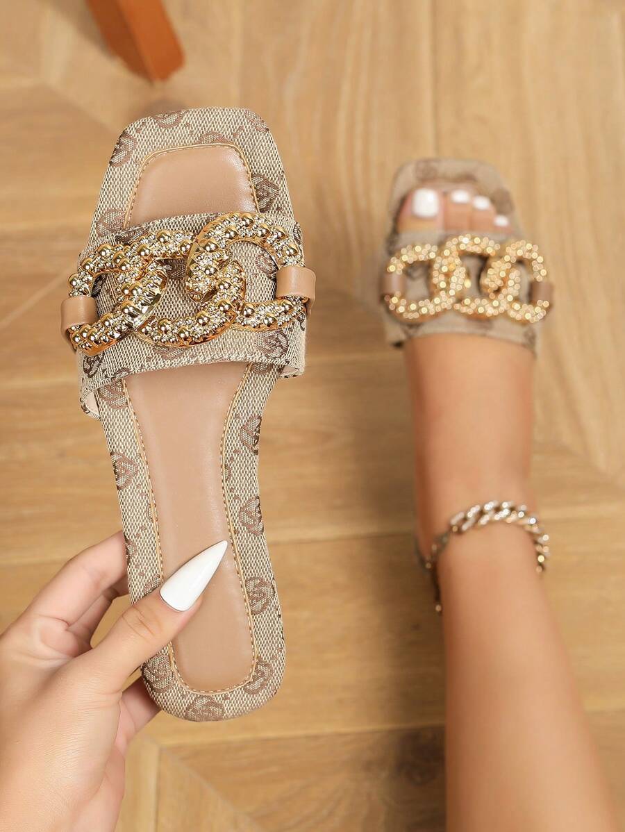 New Style Four-season Casual, Comfortable, Slip-resistant, Wear-resistant Square-toe Brown Patterned Flat Sandals With Metallic Buckle