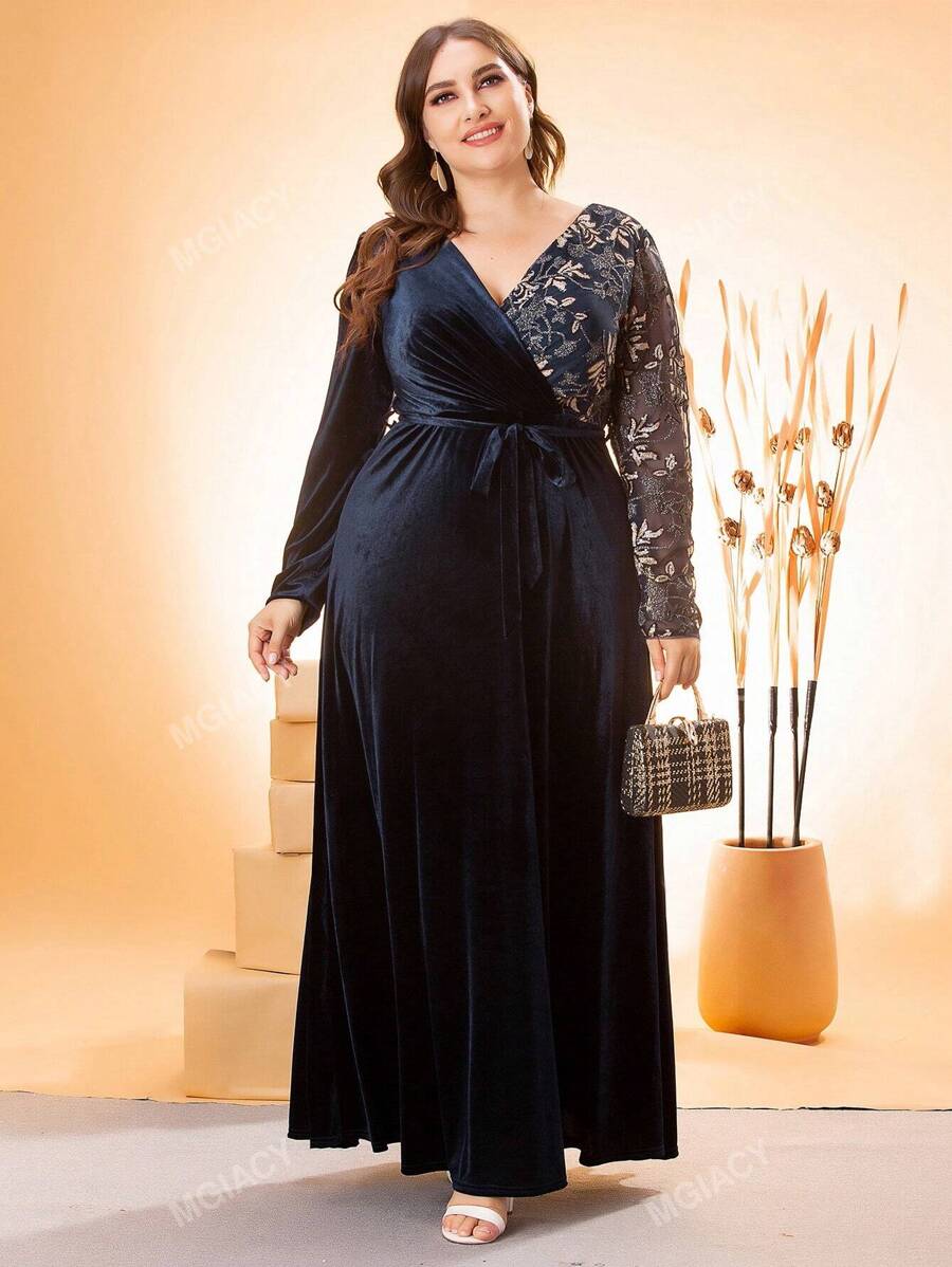 Women's Large Size V-Neck Asymmetrical Cross Sequin Embroidered Stitching Velvet A-Line Long Dress