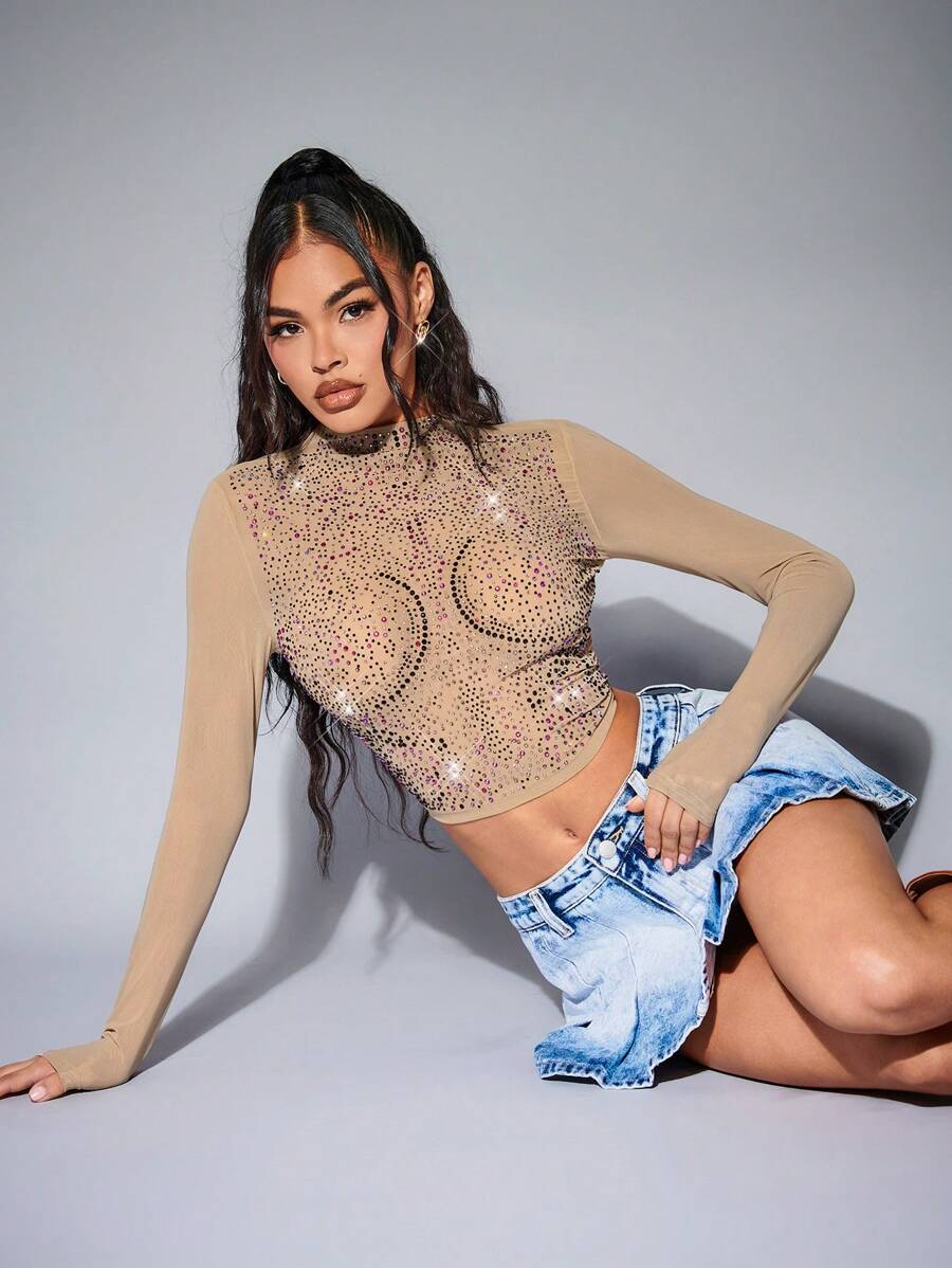 SHEIN BAE Women's Solid Color Body Perm Rhinestone Decorated See-Through Tight T-Shirt