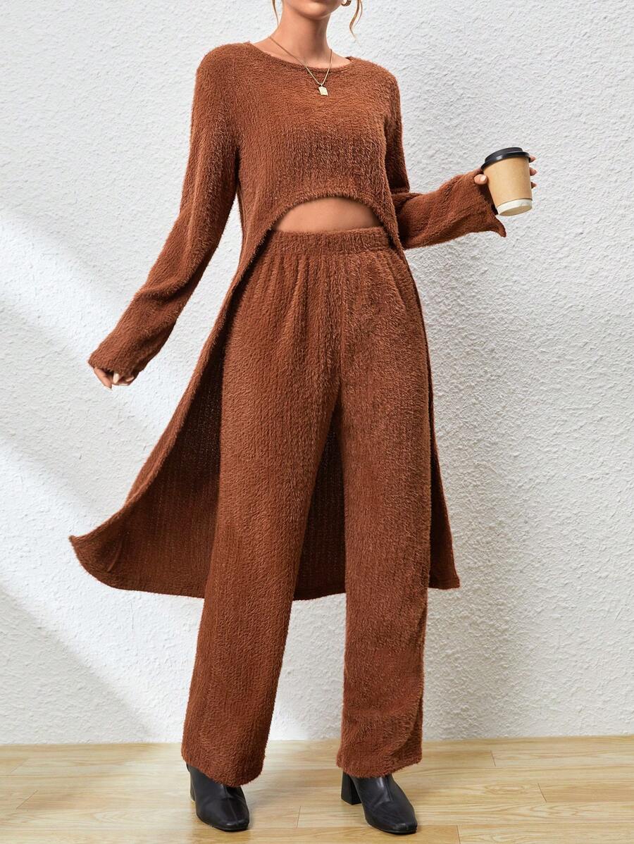 SHEIN Essnce Solid High Low Hem Fuzzy Tee & Pants