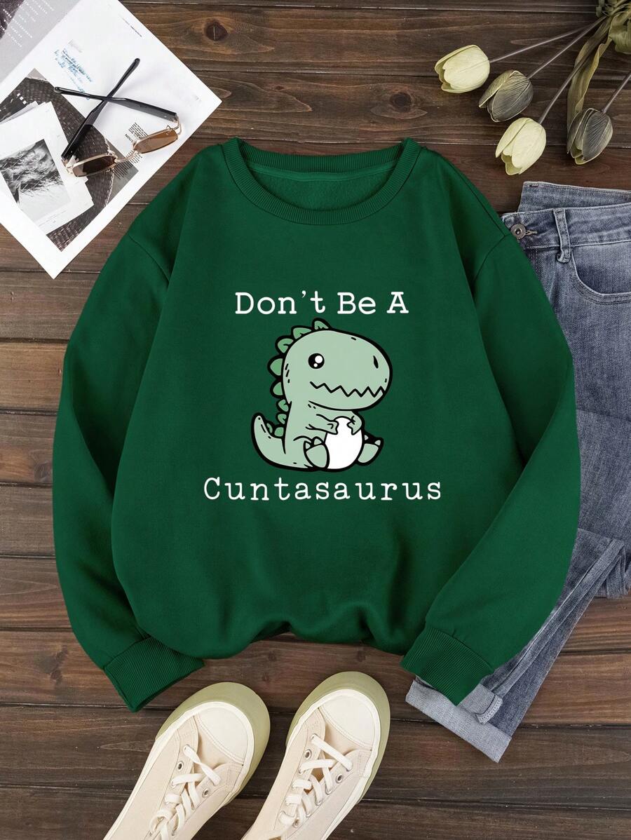SHEIN EZwear Cartoon Dinosaur And Slogan Print Thermal Lined Sweatshirt