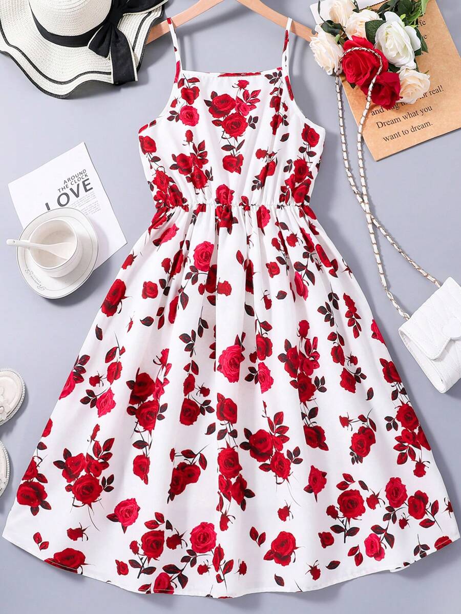 Teen Girl Floral Print Spaghetti Strap Tank Dress, Sweet And Fresh, Flower Pattern Design, High Waist Cut Holiday,Summer,Travel,Getaway