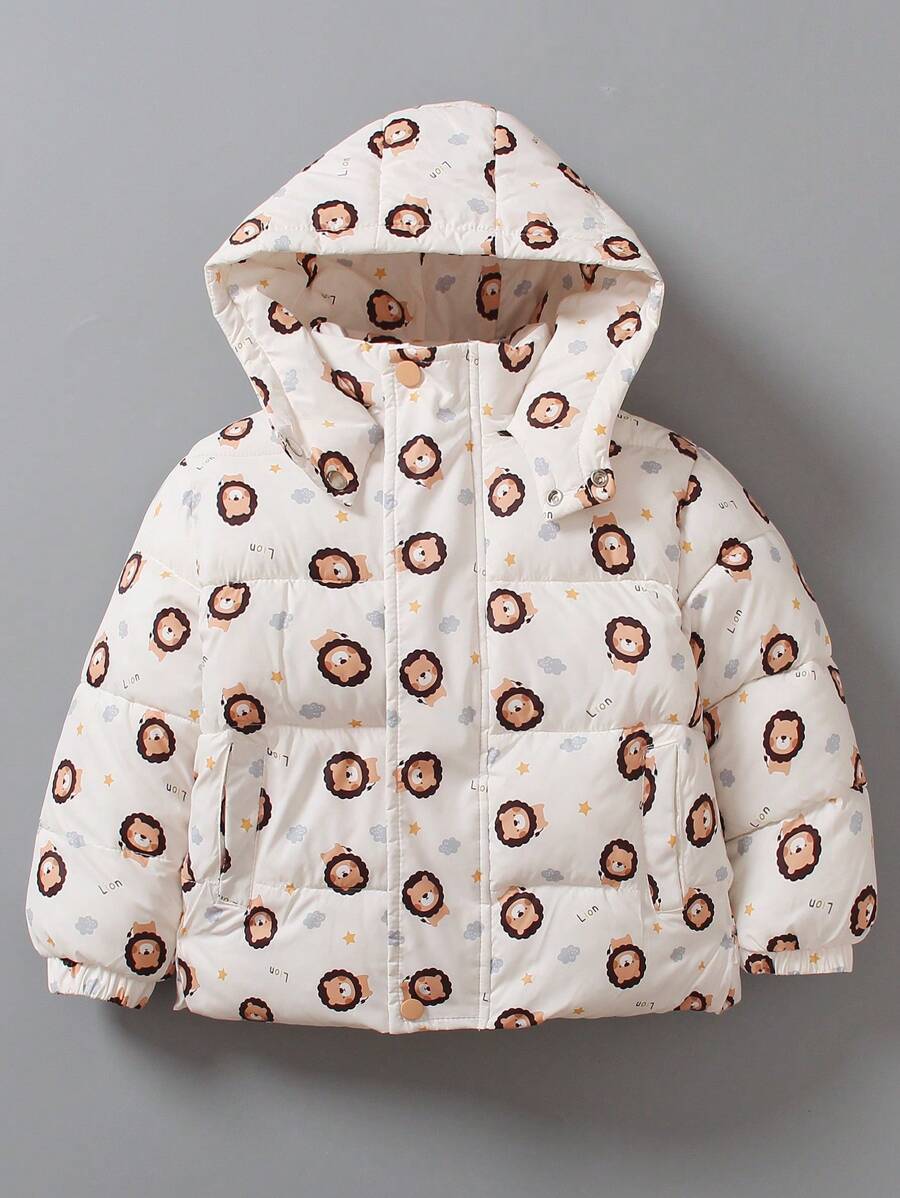 Young Boy Ribbed Lion Print Hooded Padded Coat