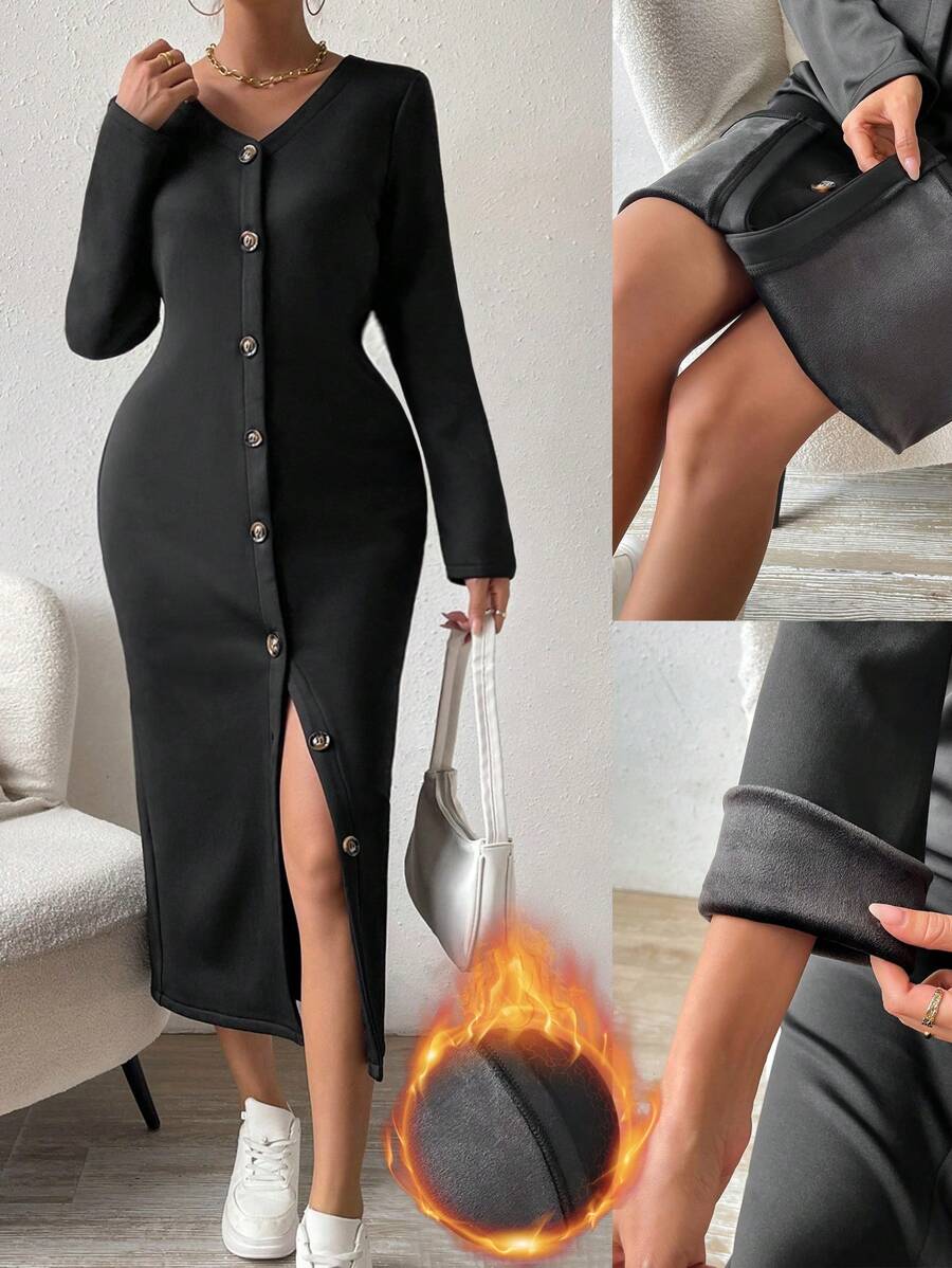 SHEIN Unity Solid Color Thermal Lined Button Front Dress