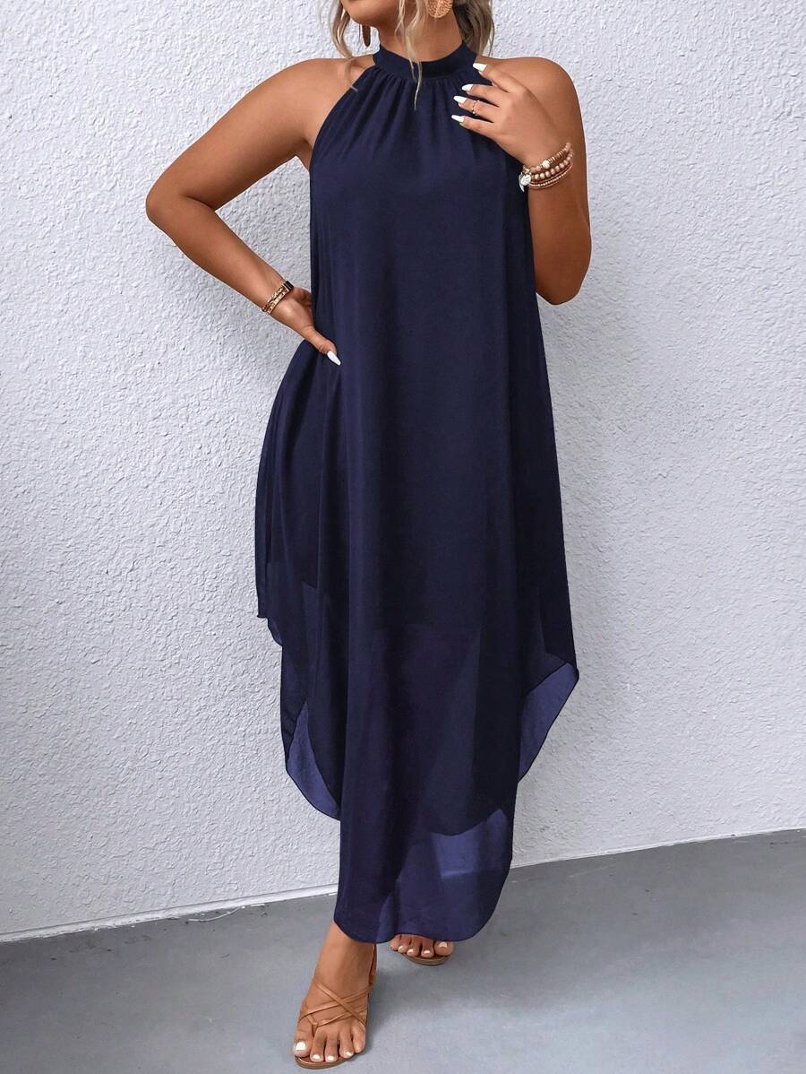 SHEIN Clasi Women's Plus Size Halter Neck Solid Color Dress Maxi Women Outfit