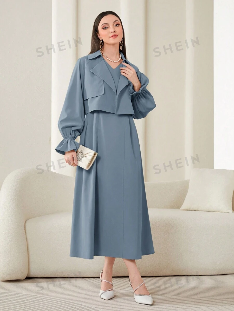 Modelyn Conjunto de 2 piezas de vestido de unicolor y chaqueta corta con mangas abullonadas para mujer