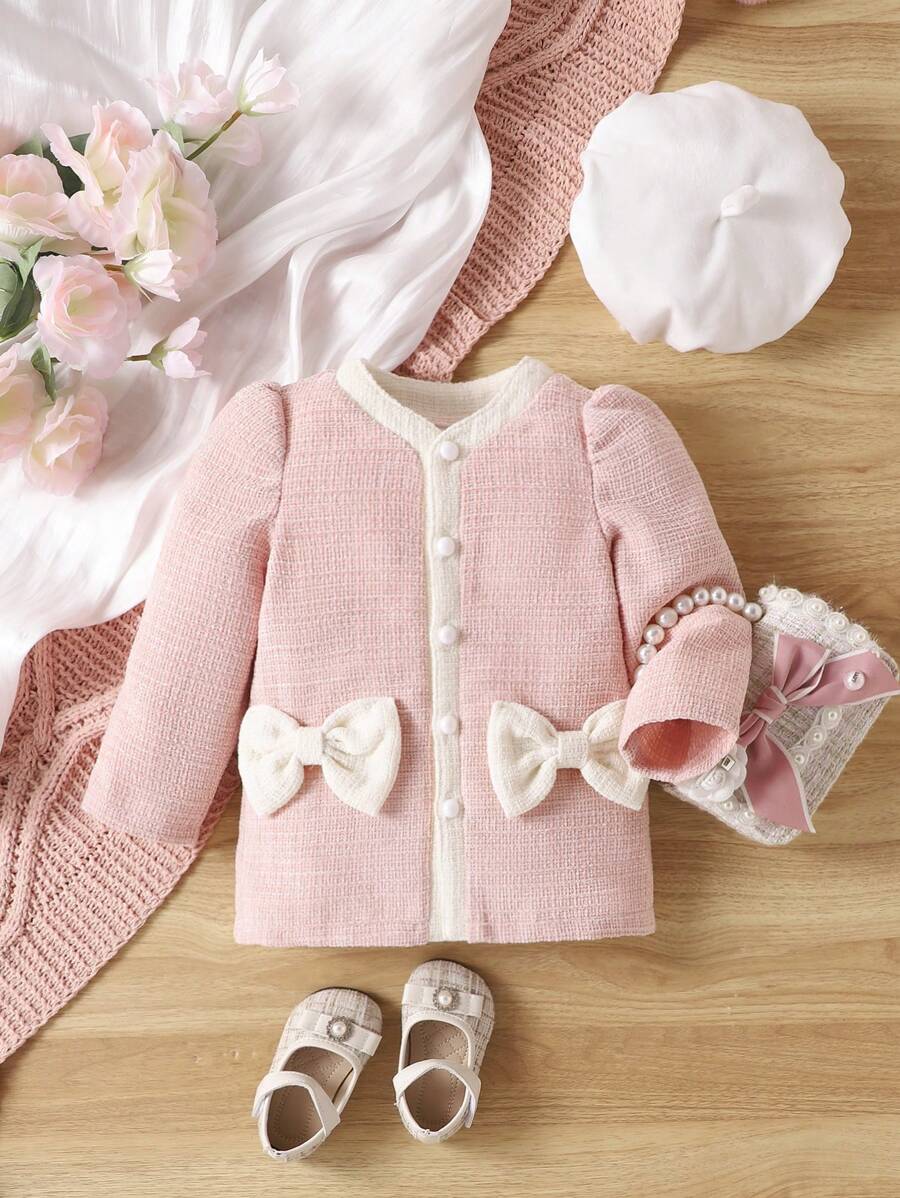 2pcs Baby Girls' Elegant Patchwork Bowknot Decor Long Sleeve Coat For Daily Wear In Autumn And Winter