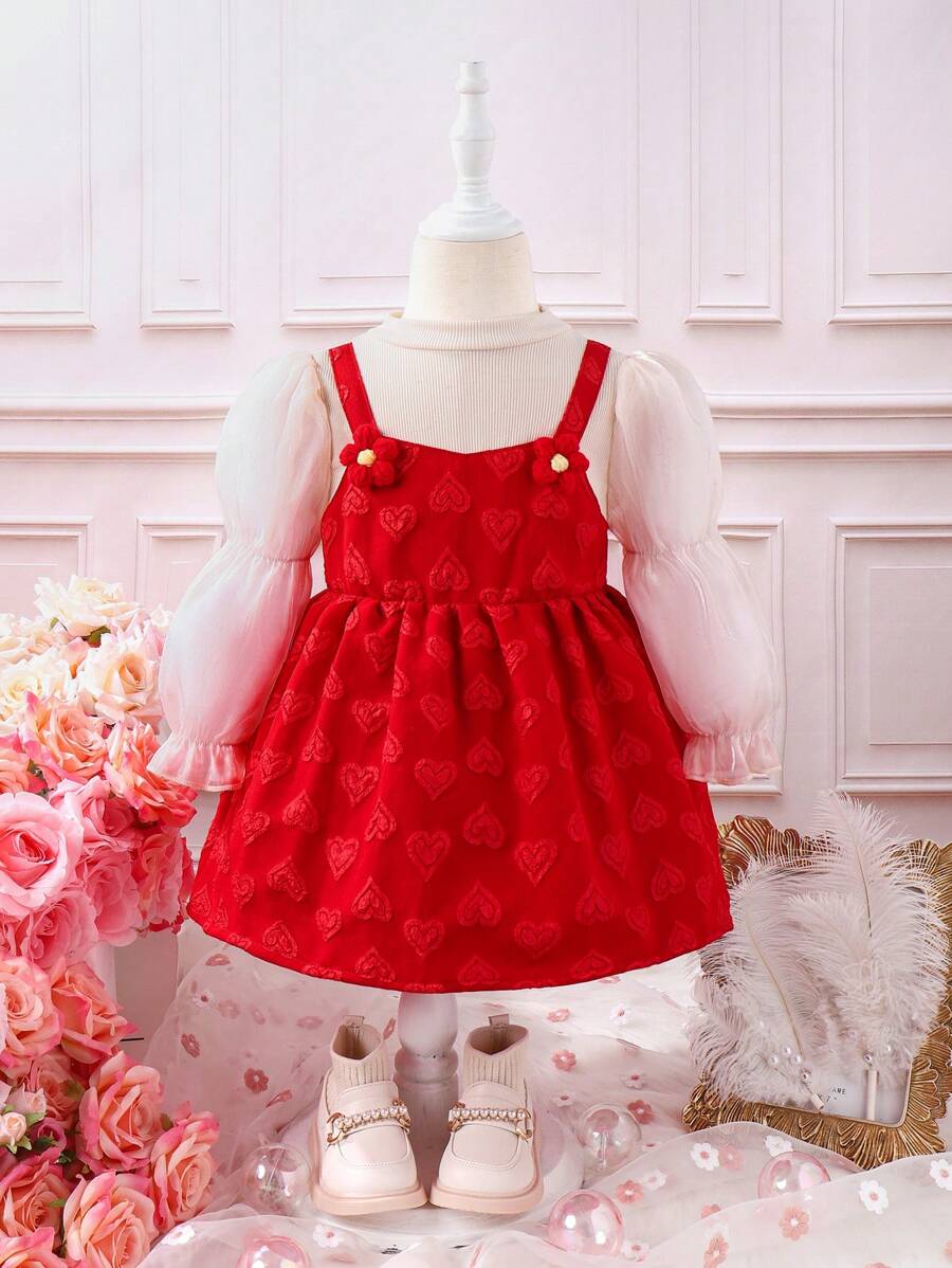 SHEIN Abito Casual Stampa Cuore Rosso, Confortevole E Caldo Per Ragazze Piccole Per L'autunno/inverno