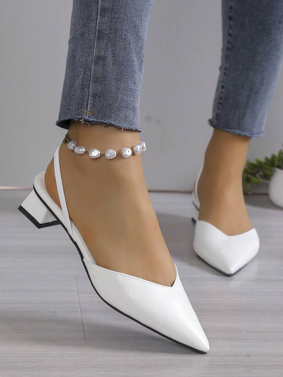 Women's Minimalist Elegant Chunky Heel Pumps With Fashionable Ankle Strap High Heels, White