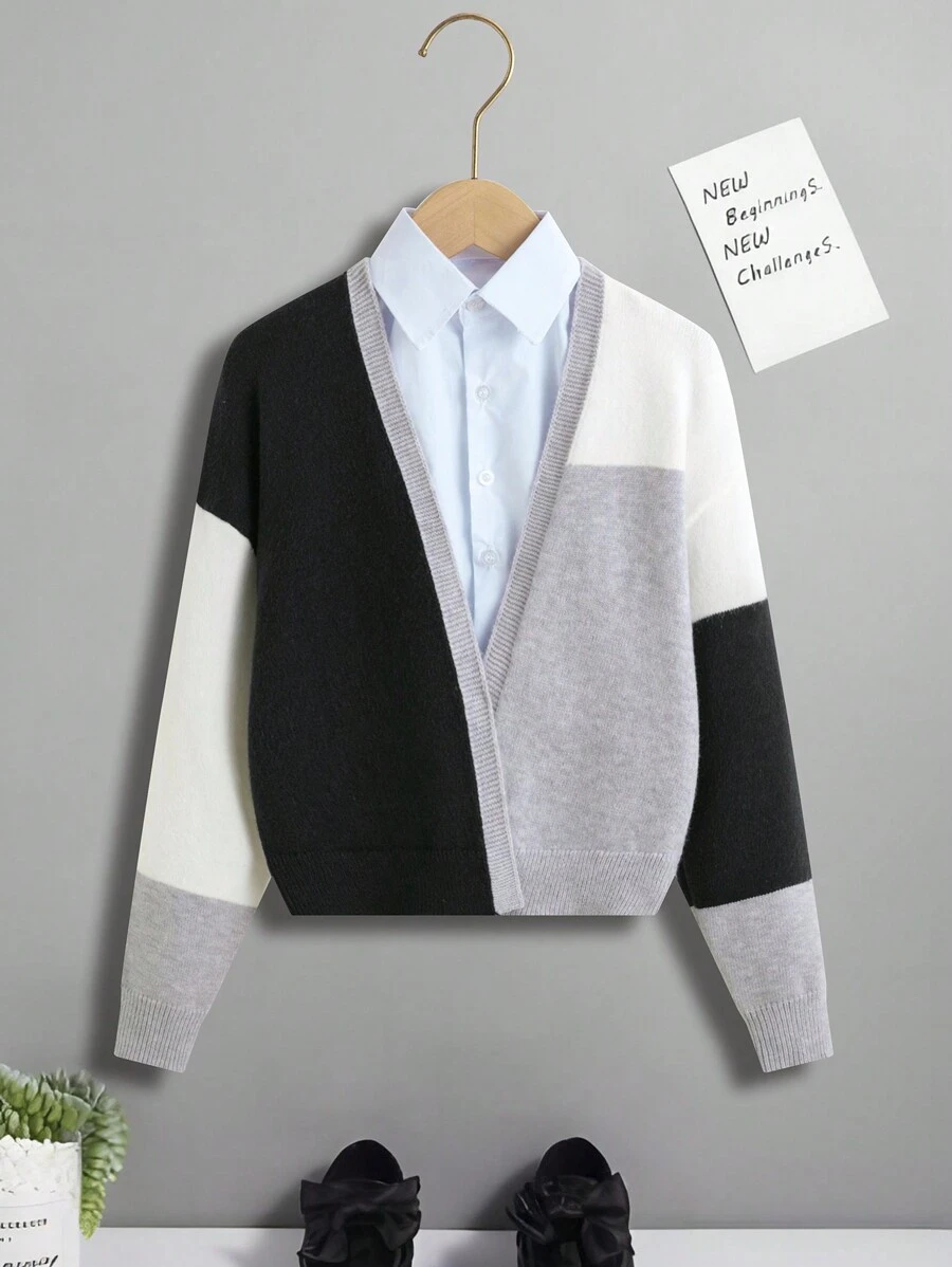 SHEIN Sudadera Tipo Cardigan Sin Botones Para Niña, Con Hombros Caídos Y Color Contrastante