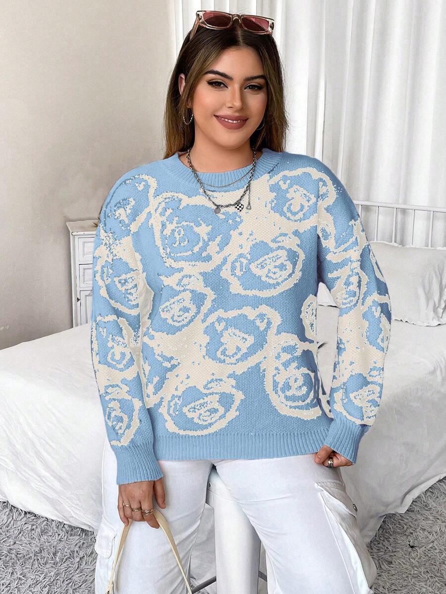 Flirla Women's Round Neck Design Blue Cartoon Bear Print Pullover Sweater