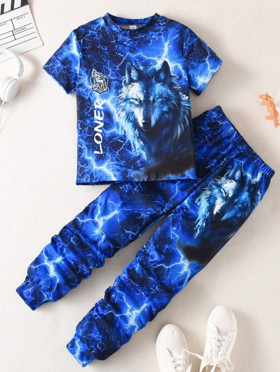 SHEIN 2 Pièces T-shirt De Sport À Manches Courtes Pour Garçons Pré-ados Et Pantalon Long, Vêtements De Sport Et Décontractés