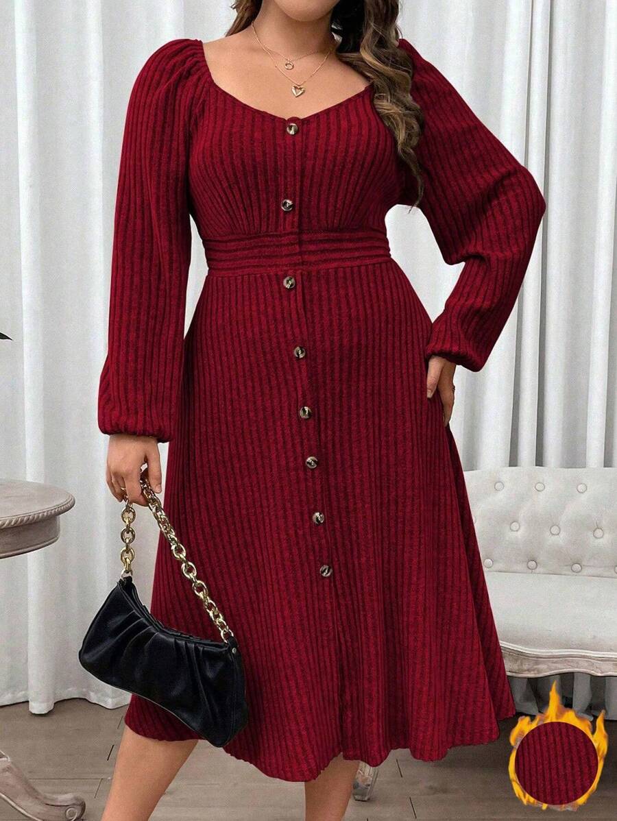 Franclia Plus Sweetheart Neck Lantern Sleeve Single Breasted Dress, Burgundy Women Outfit
