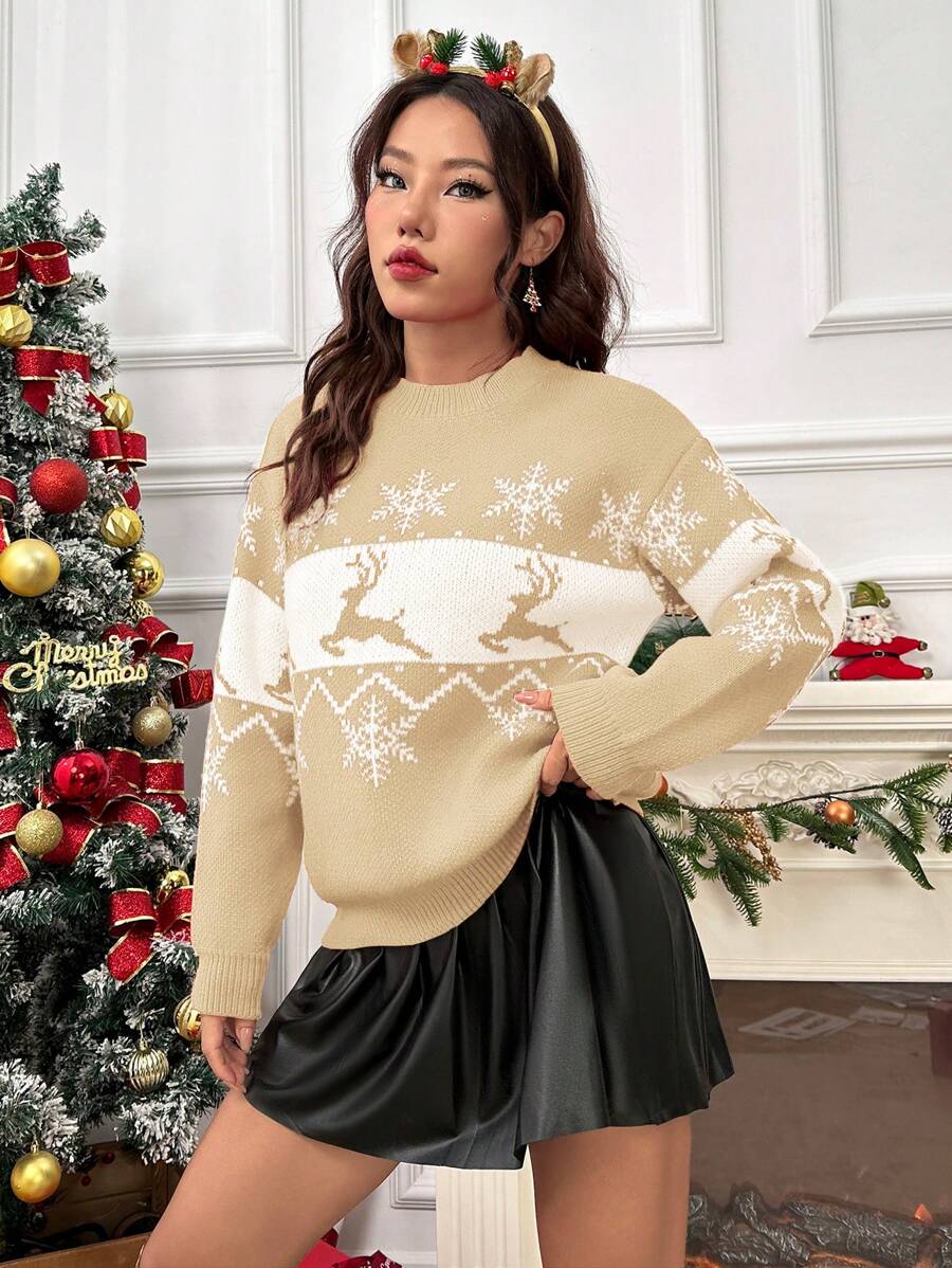 Flirla Women's Casual Sweater With Deer And Snowflake Pattern