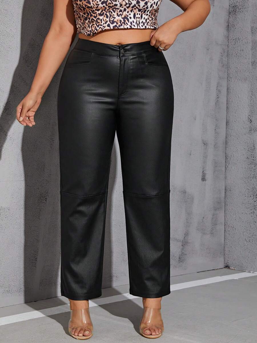 Calvaya Plus Size Solid Zipper Fly Straight Leg Pants