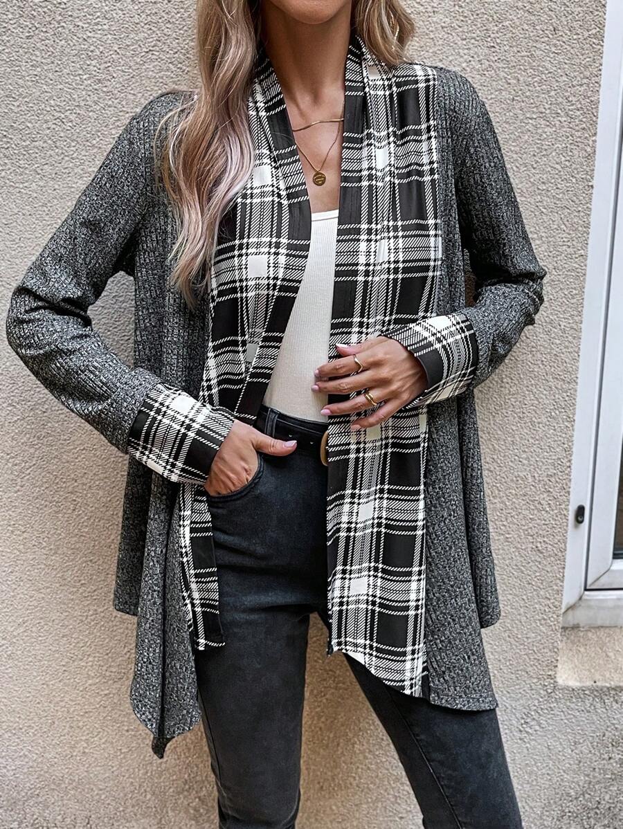 EMERY ROSE Women's Regular Fit Checkered Asymmetrical Hem Jacket