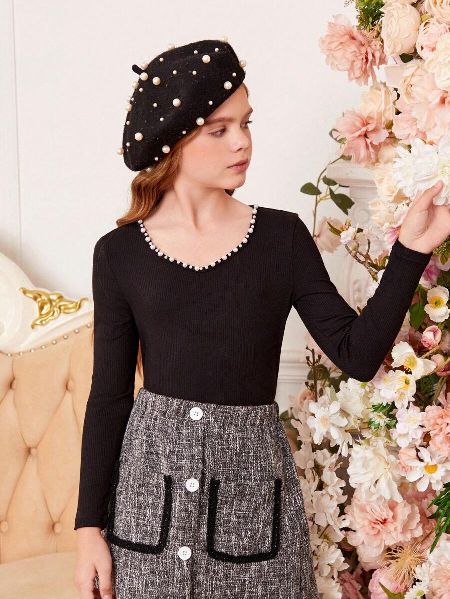 SHEIN Tween Girls' Knitted Beaded Round Neck Elegant T-Shirt