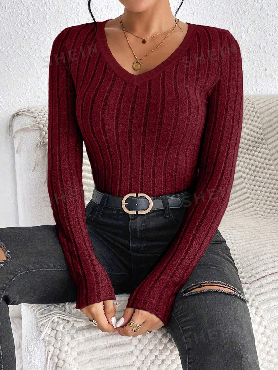 SHEIN Frenchy Blusa de punto acanalada de manga larga con cuello en V de color liso, uso casual de todos los días