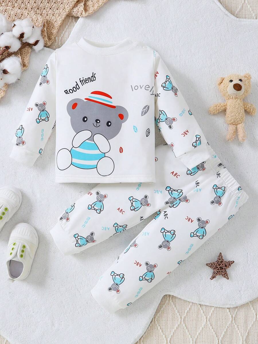 Set de 2 pijamas con forro térmico y estampado de gato para bebés y niños pequeños, adecuado para 6-24 meses, otoño/invierno