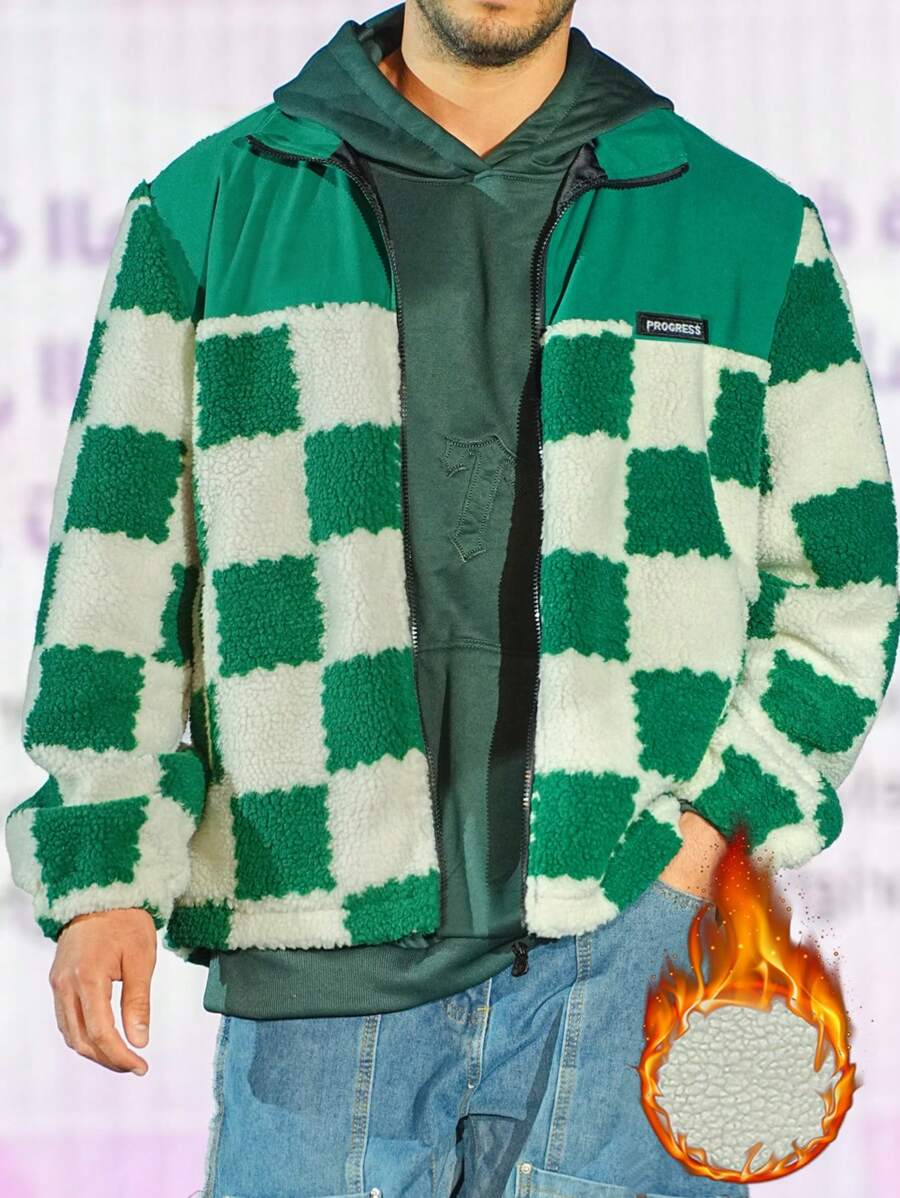 Manfinity EMRG Men's Loose-Fit Checker Printed Zip-Up Jacket With Letter Patchwork