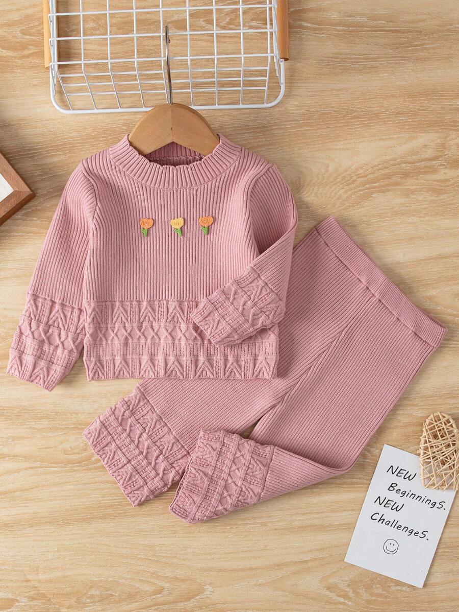 SHEIN Ensemble De Pull À Fleurs 3d Pour Bébé Filles Et Pantalon Tricoté Décoré