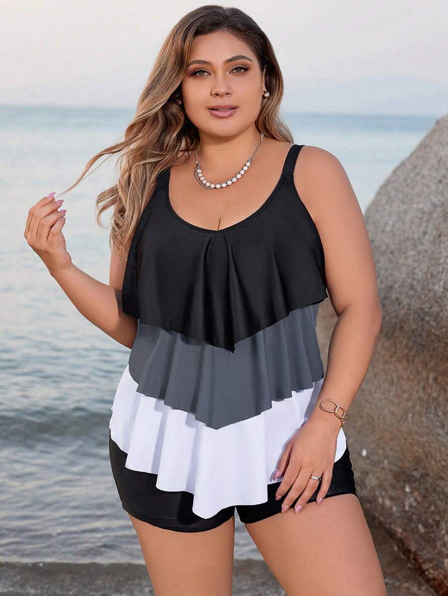 Swim Lushoire Summer Beach Plus-Size Color Block Cami Bikini Set