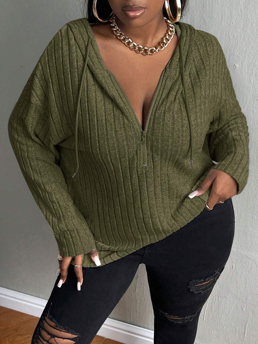 Slaydiva Plus Size Zipper Knitted Hooded T-Shirt