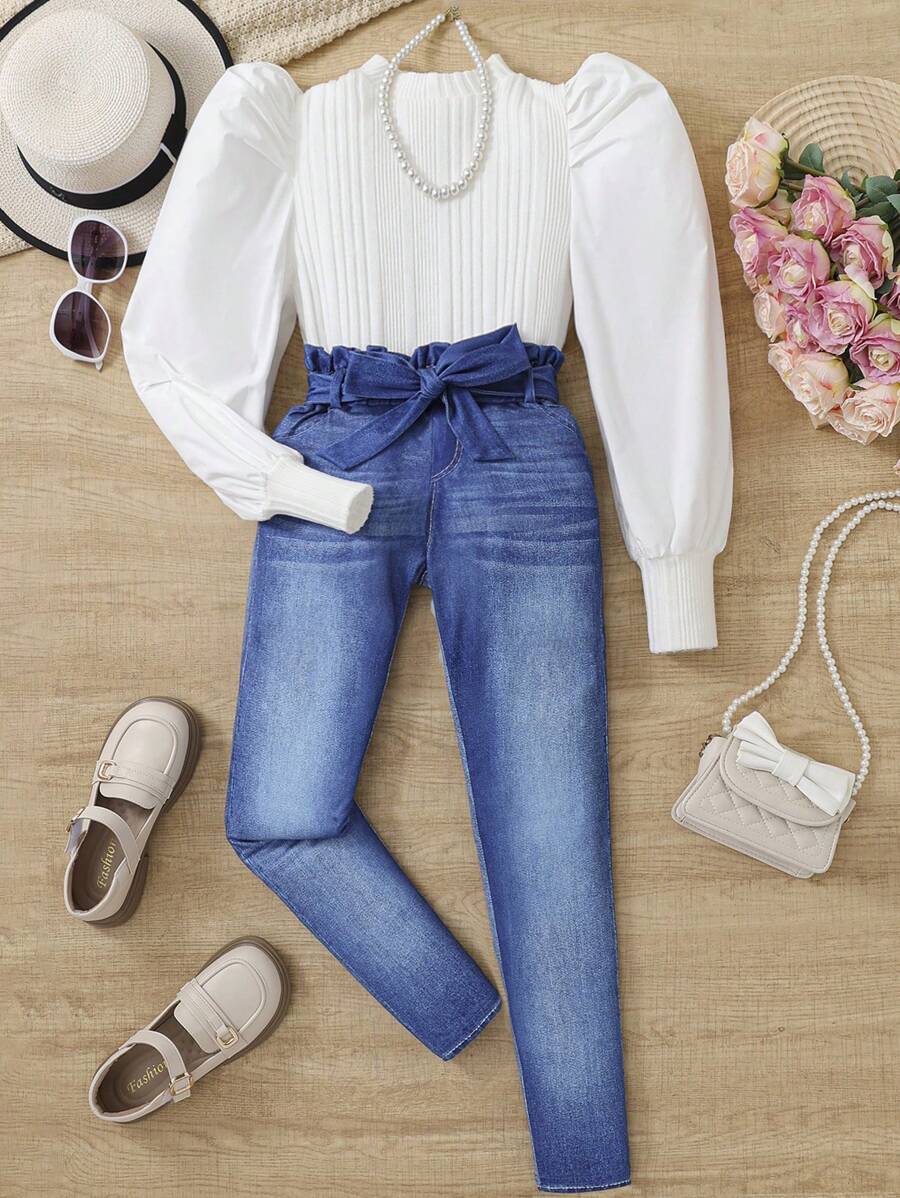 SHEIN Tweens Mädchen Puffärmel T-shirt & Paperbag Taille Jeans