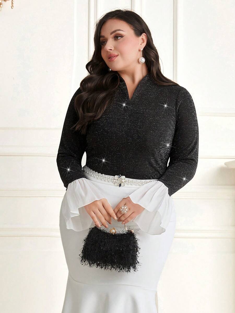 Modelyn Plus Size Color Block Bell Sleeve T-shirt