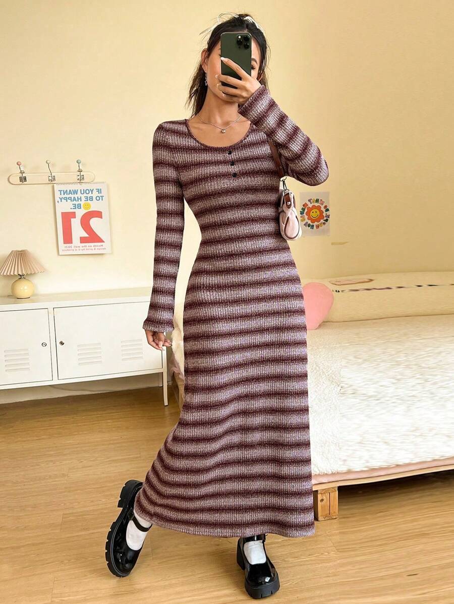 SHEIN EZwear Striped Long Sleeves Round Neck Dress