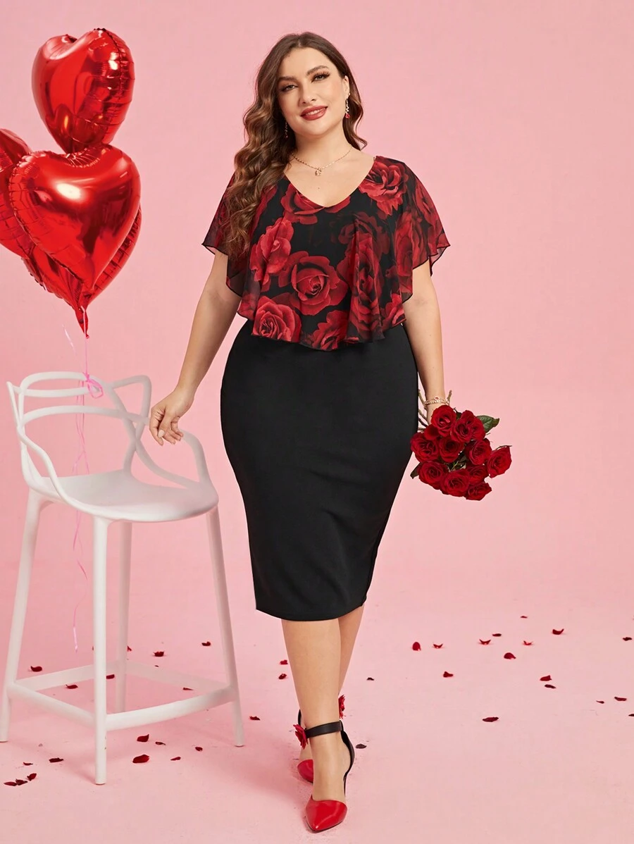 SHEIN Clasi Bloemenpatroon Korte Mouw Plus Size Lente Bruidsjurk, Valentijnsdag