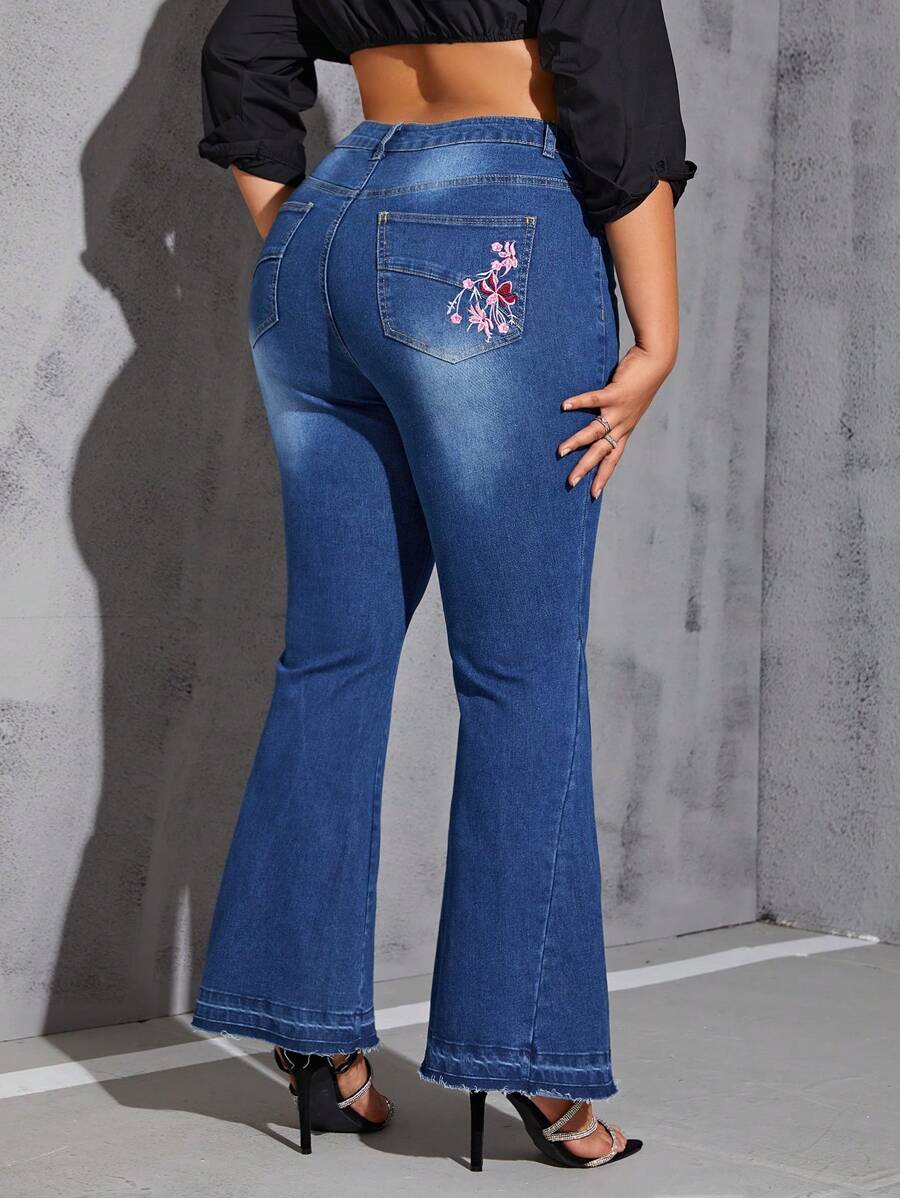 SHEIN Privé Damski Rozmiar Plus Kwiatowy haft Umyty Flared Jeans