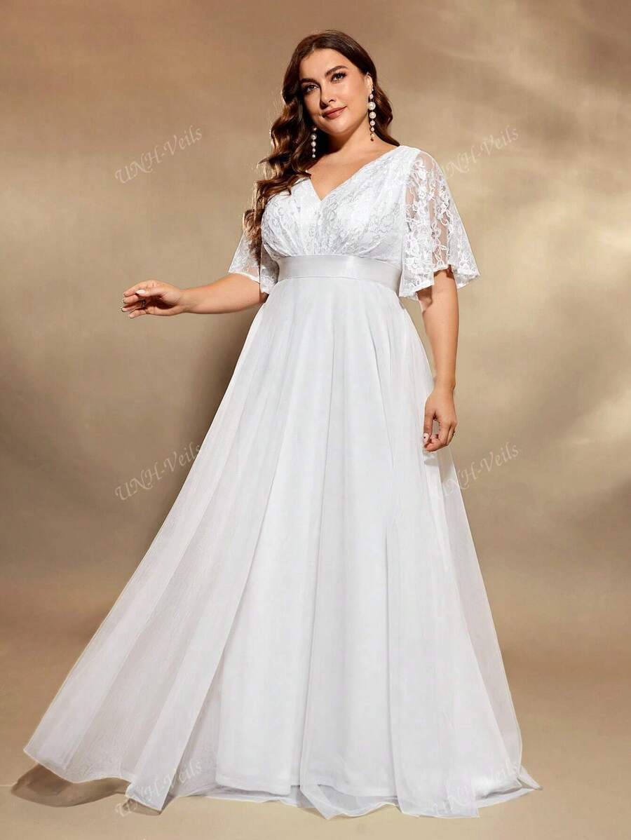 UNITHORSE Plus Size Women Elegant Romantic Lace Placement Floral Sheer Short Sleeve Stand Collar Embroidered White Wedding Dress, All White Party Outfit Women
