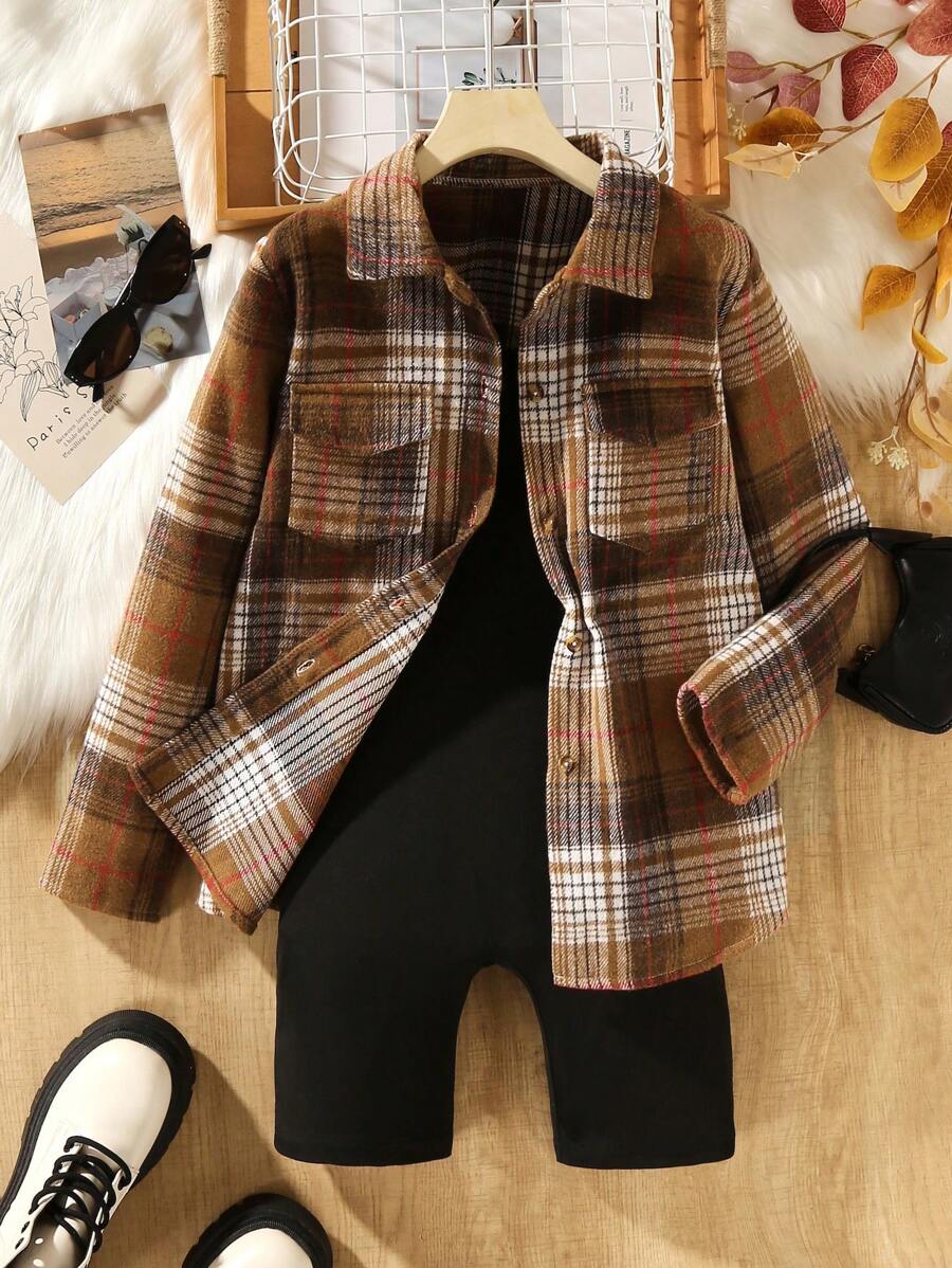 SHEIN Toddler Girls' College Style Casual Retro Plaid Grid Shirt And Jumpsuit Set