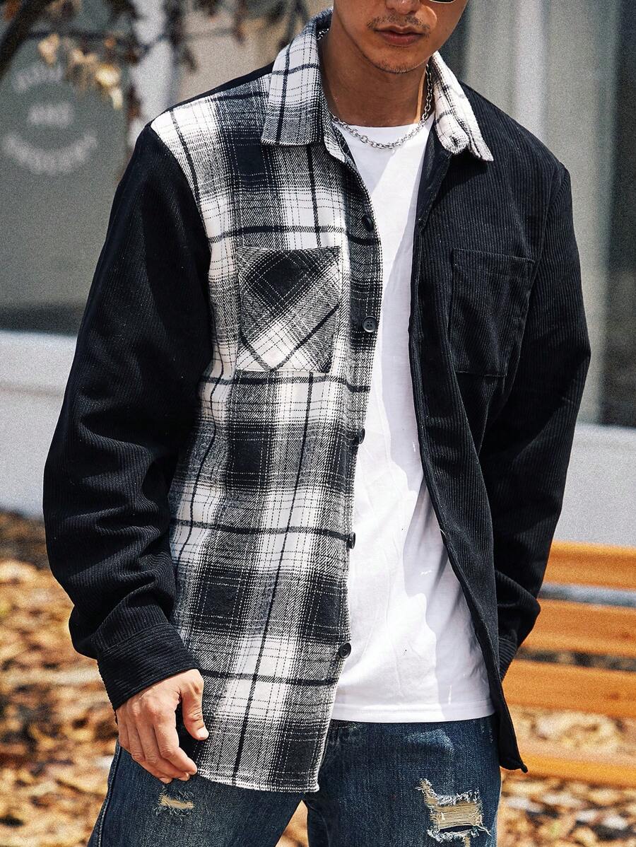 Manfinity Homme Männer Mantel mit Plaid Muster, Tasche Flicken, Knopf,
