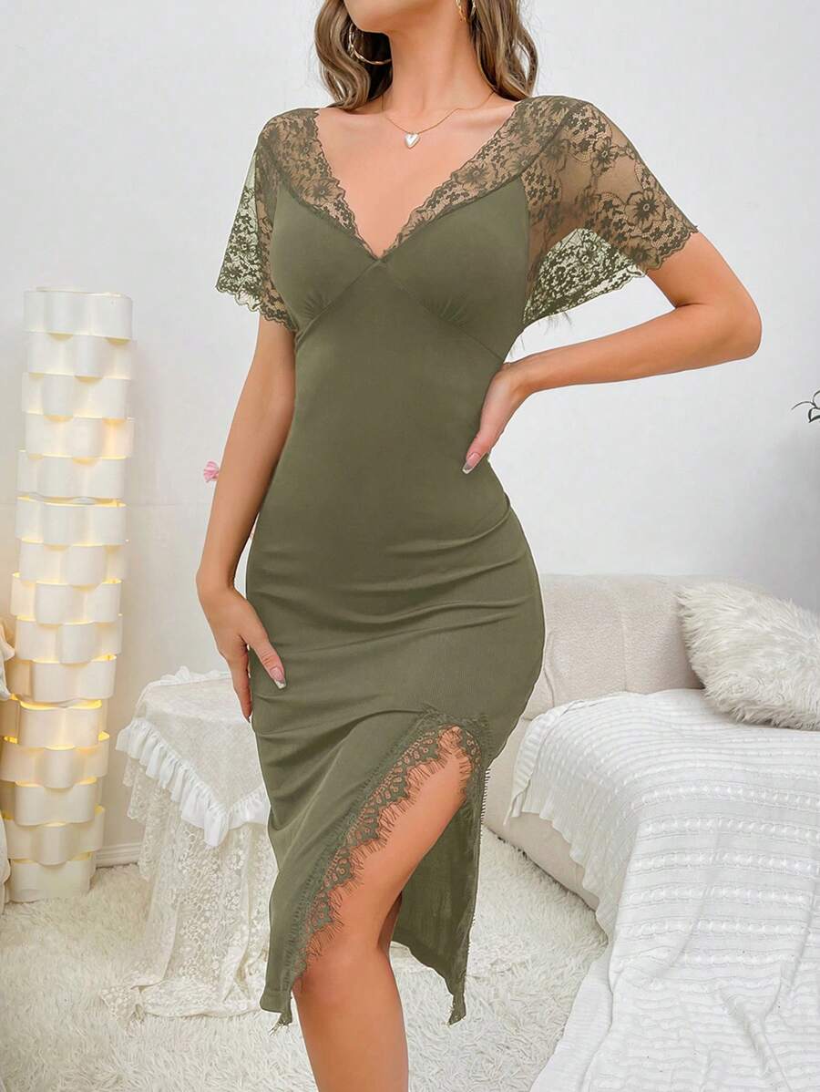 Women's Lace Patchwork High Slit Pajama Night Dress