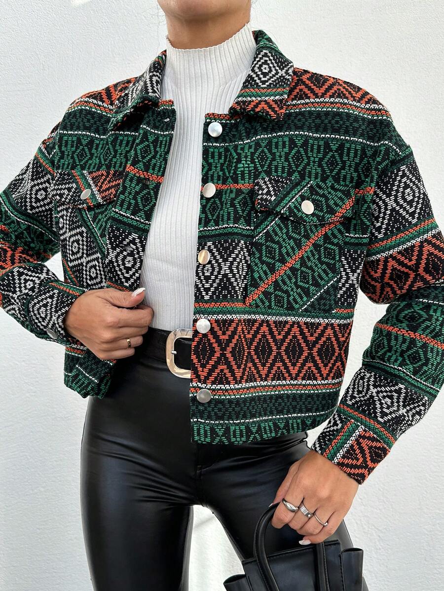 SHEIN Cottnline Vrouwen Geometrisch patroon Oversized Voorknop Jassen Met Klepzakken En Schouders