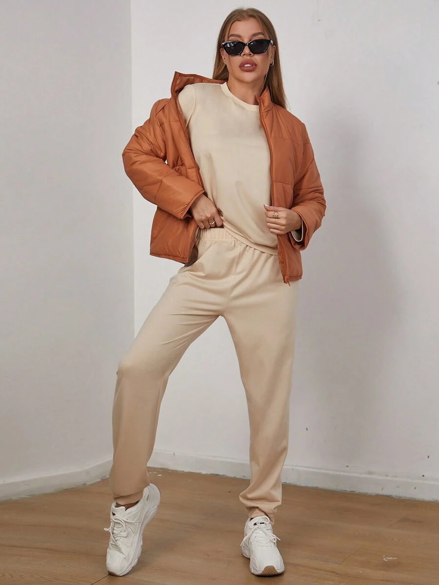 SHEIN Unity Women's High-Neck, Thick And Warm Coat, Long-Sleeved T-Shirt And Trousers Three-Piece Set For Daily Wear In Autumn And Winter